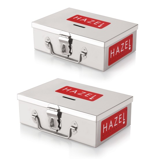 HAZEL Stainless Steel Cash Box for Shop Counter Drawer | Locking Metal Box for Cash with 4 Compartments for Adults, Set of 2, Medium & Large