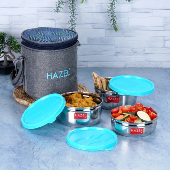 HAZEL Stainless Steel Lunch Box with Lunch Box Bag | Steel Box Set of 3 Air Tight Tiffin Boxes Leak Proof (1 Pc 300 ML , 2 Pc 450 ML Containers) with Cylindrical Lunch Bag with Strap