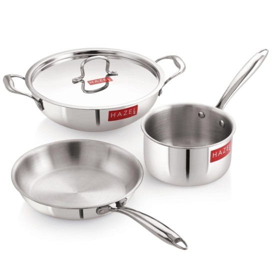 HAZEL Triply Stainless Steel Induction Bottom Fry Pan 1.5 Litre, Kadhai 3 Litre and Sauce Pan With Stainless Steel Lid