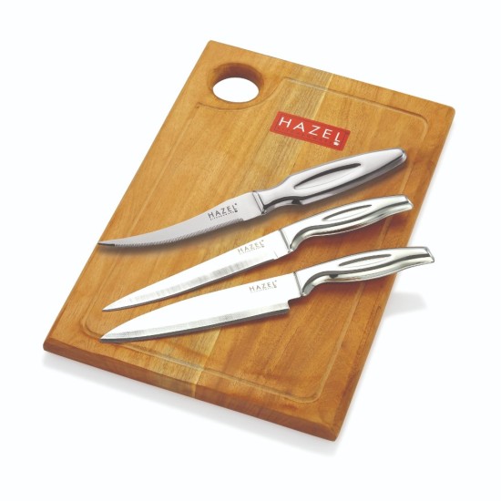 HAZEL Stainless Steel Sharp Kitchen knife Set of 4|Chef, Paring, Tomato Knife & Rect Chopping Board