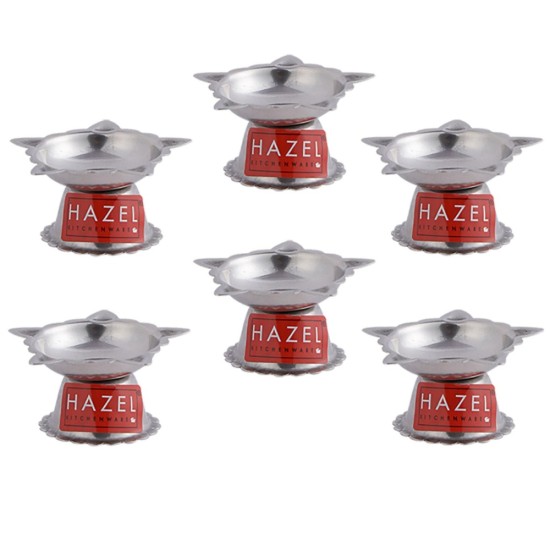 HAZEL Panchwati Diya for Puja | 5 Wati Wicks Oil Lamp Deep For Home Mandir Office Temple Pandol Pujan | Stainless Steel Diva Table Deepak For Pooja (6 x 3 cm), Set of 6