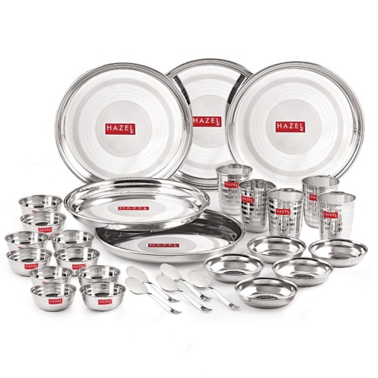 HAZEL Stainless Steel Dinner Set Of 30 | Dinner Set Steel (5 Steel Plate, 10 Serving Bowl, 5 Spoon Set, 5 Dessert Plate, 5 Steel Glass) 30 Pieces, Silver