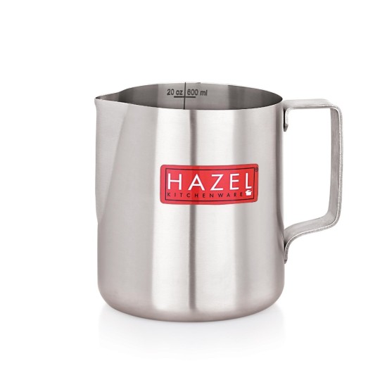 HAZEL Stainless Steel Tea Coffee Milk Frothing Pitcher Serving Pot with Handle Spill Proof Pouring, 600 ML