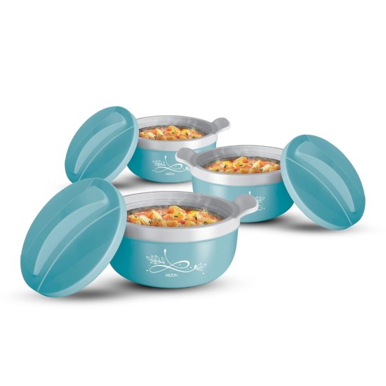 MILTON Crave Jr Inner Stainless Steel Serving Casserole Gift Set of 3(470ml, 800ml, 1380ml), PU Insulated Kitchen Hot Pot, Keeps Food hot & Fresh for Roti, Biryani, Blue