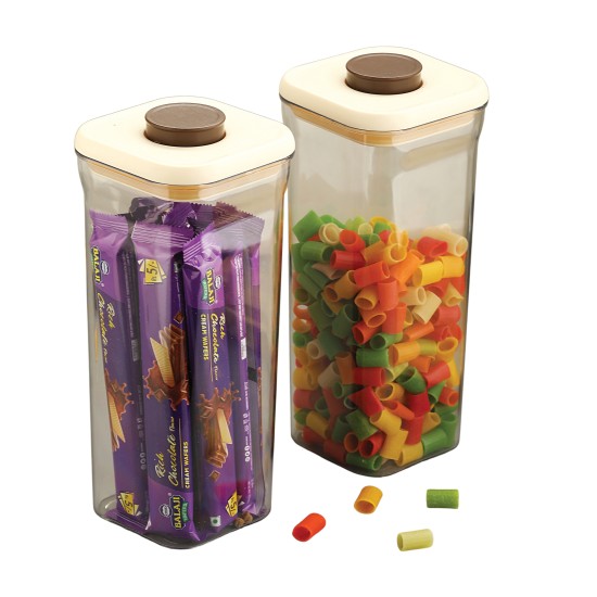 HAZEL Airtight Food Storage Container | Plastic Kitchen Jar for Pulses, Grains, Cereal, Snacks, 1600 ML, Cream, Set of 2