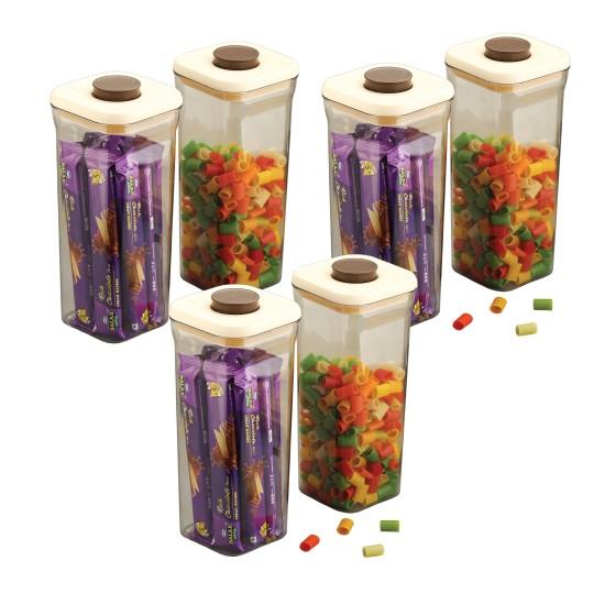 HAZEL Airtight Food Storage Container | Plastic Kitchen Jar for Pulses, Grains, Cereal, Snacks, 1600 ML, Cream, Set of 6