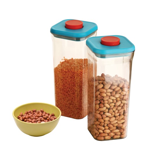 HAZEL Airtight Food Storage Container | Plastic Kitchen Jar for Pulses, Grains, Cereal, Snacks, 1500 ML, Blue, Set of 2